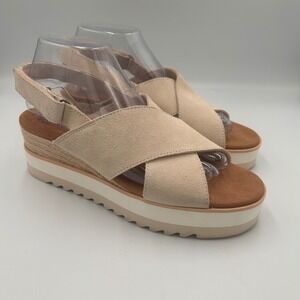 TOMS Diana Platform Wedge Sandals Womens 8.5 Cross Strap Suede Beige Espadrille